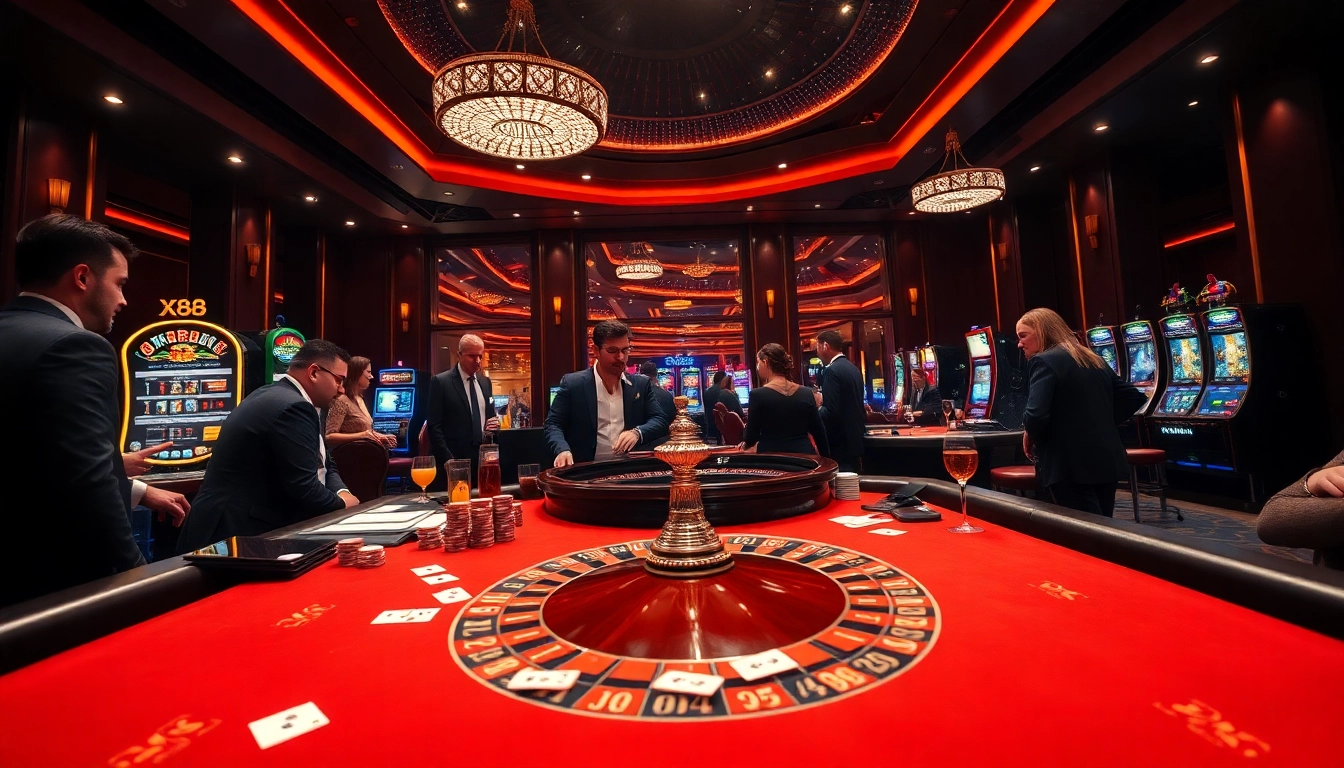 X88 players competing at an upscale casino table with chips and cards, highlighting excitement.