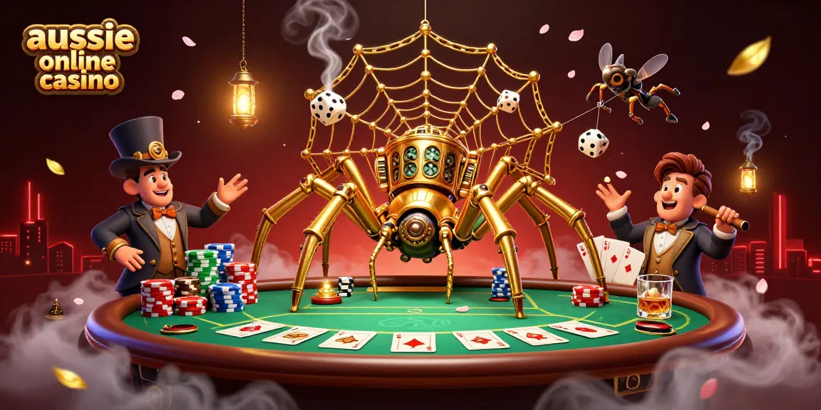 Engage with the aussie online casino world, featuring a steampunk spider and poker elements.