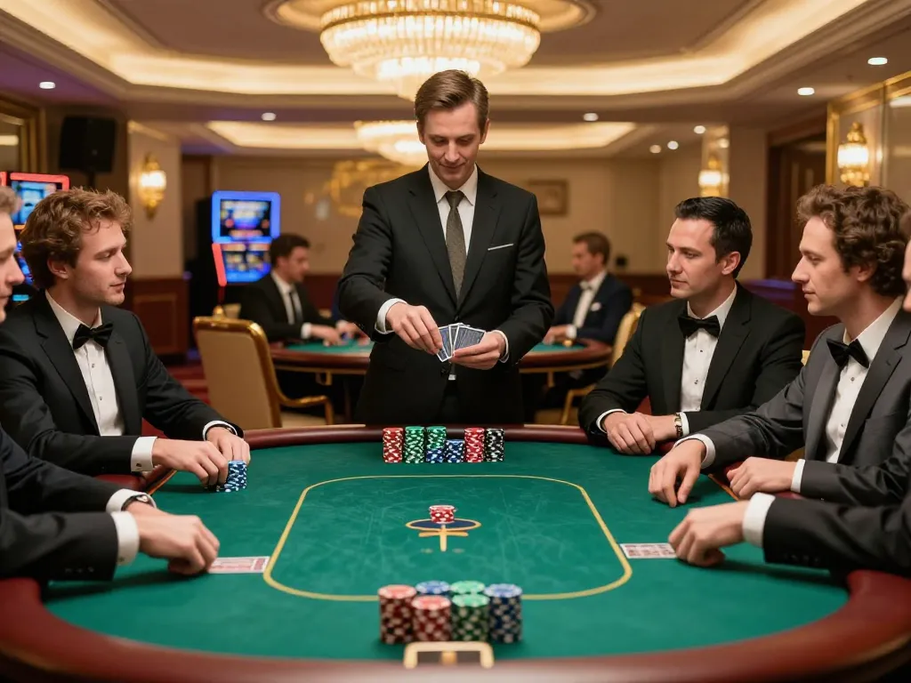 Go8 poker players strategizing in a luxurious casino setting with colorful chips visible.