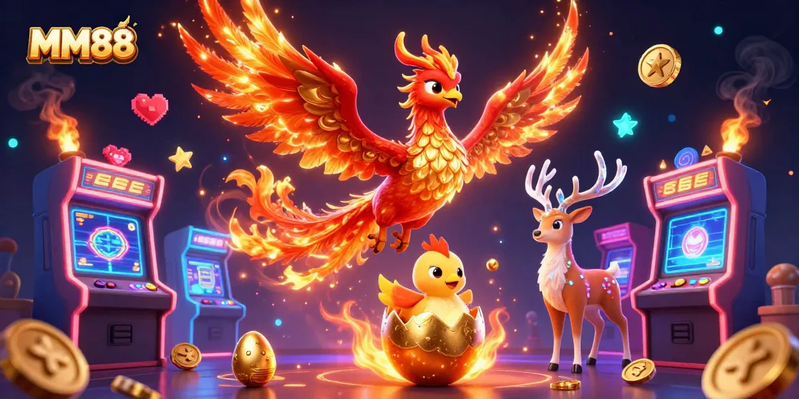 Engage with MM88's vibrant casino experience featuring a phoenix and arcade elements.