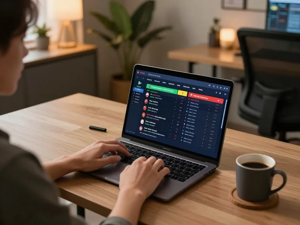 A person engaging in sports betting, exploring kèo nhà cái options on a laptop in a cozy workspace