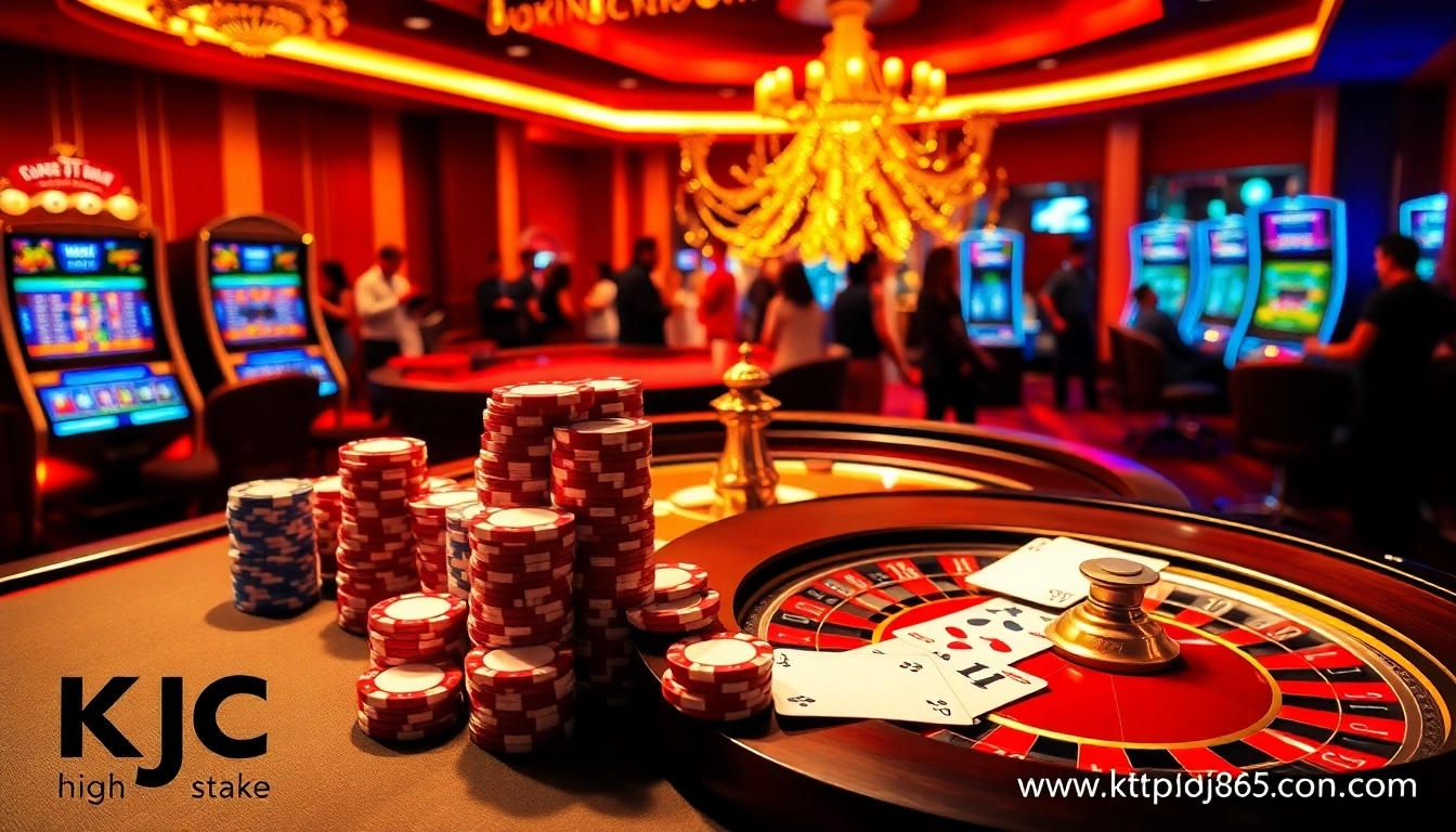 A vibrant casino scene at https://kjc365.com/ featuring poker chips, slot machines, and a roulette wheel.