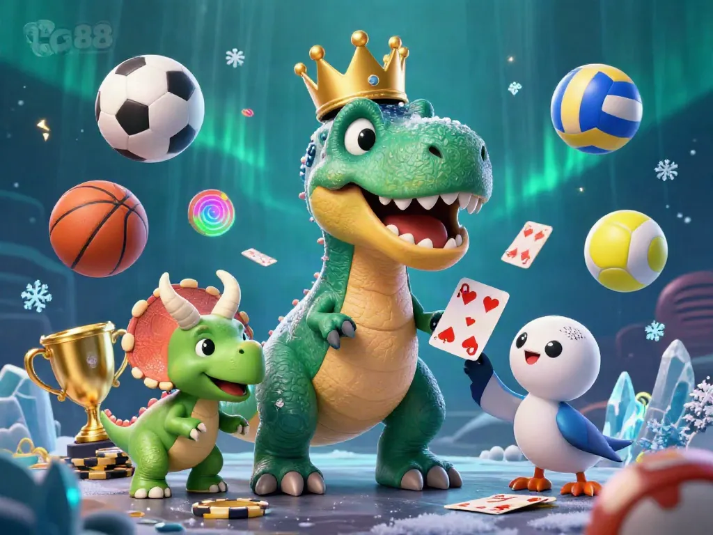 Experience the thrill of tg88 with a playful casino scene featuring a T-Rex, pterodactyl, and triceratops.