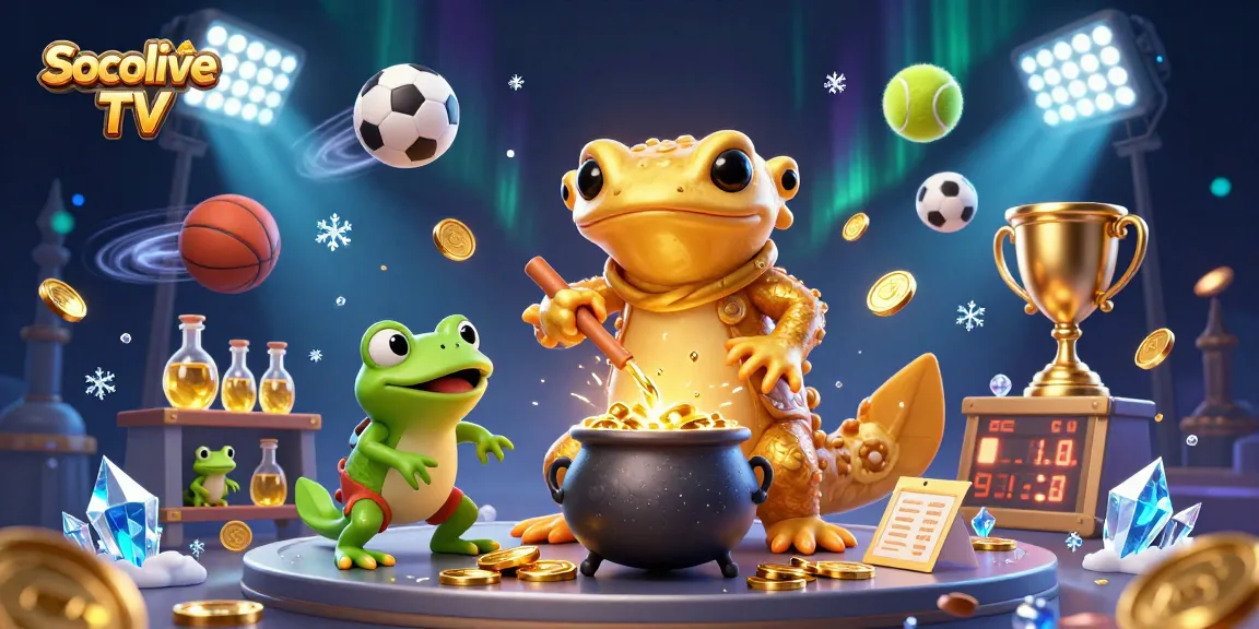 Socolive TV showcases a lively scene with cartoon characters in a medieval lab, surrounded by golden coins and sports elements.