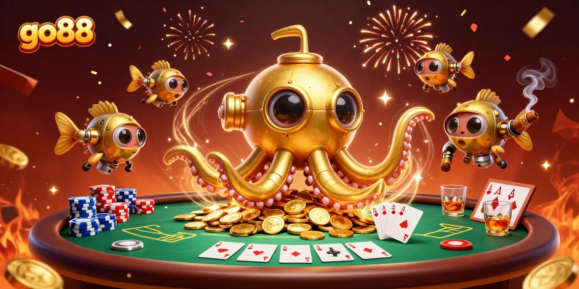 Engage with go88's thrilling casino experience, featuring poker elements and golden coins.