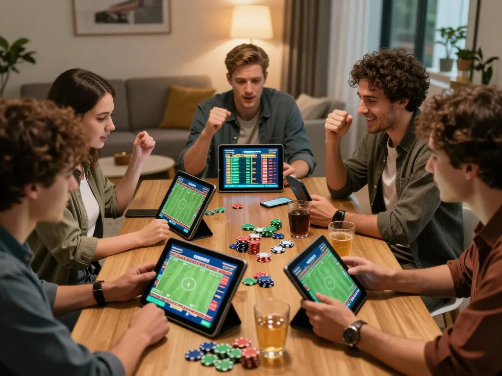 Friends actively placing bets on good88a during an engaging sports night at home.