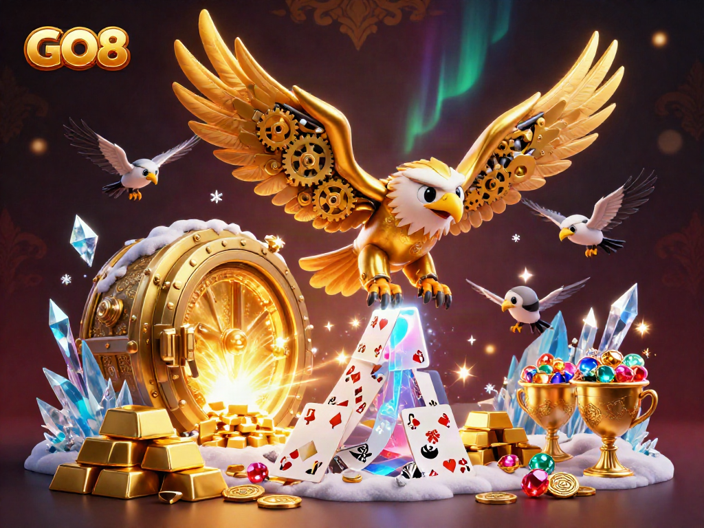 Engage in the adventures of GO8 as a golden eagle dives through winning holographic cards amidst stunning casino treasures.