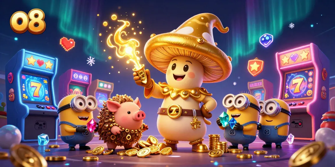 Engage in thrilling adventures with o8 through vibrant casino games and magical treasures in this 3D illustration.
