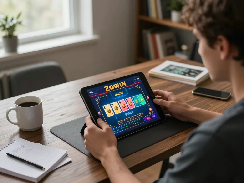 Engaging in a Zowin card game on a tablet in a cozy home setup.