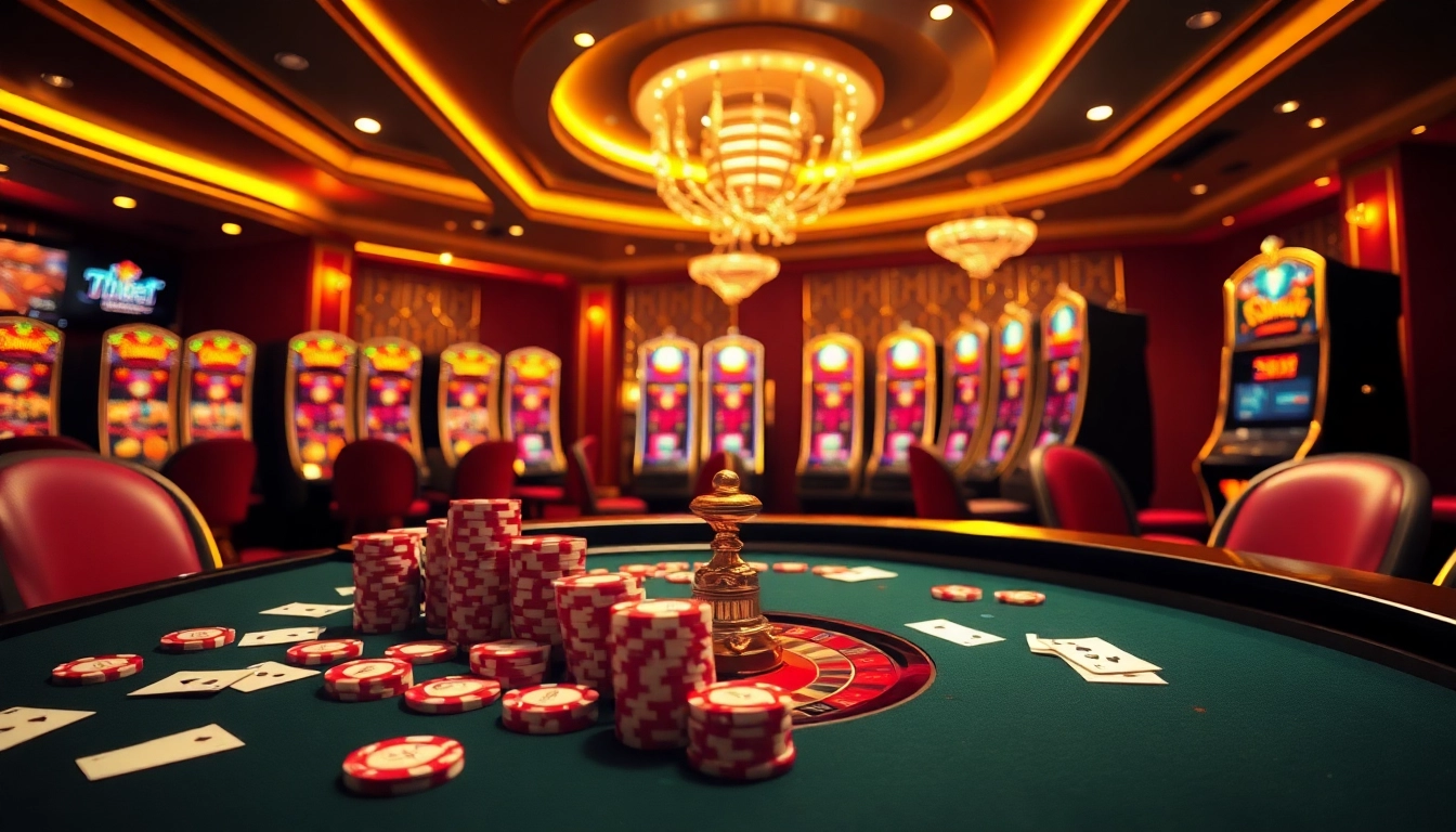 Experience high-stakes gaming thrills at https://thabet.baby/ with a luxurious casino scene featuring poker tables and vibrant slot machines.