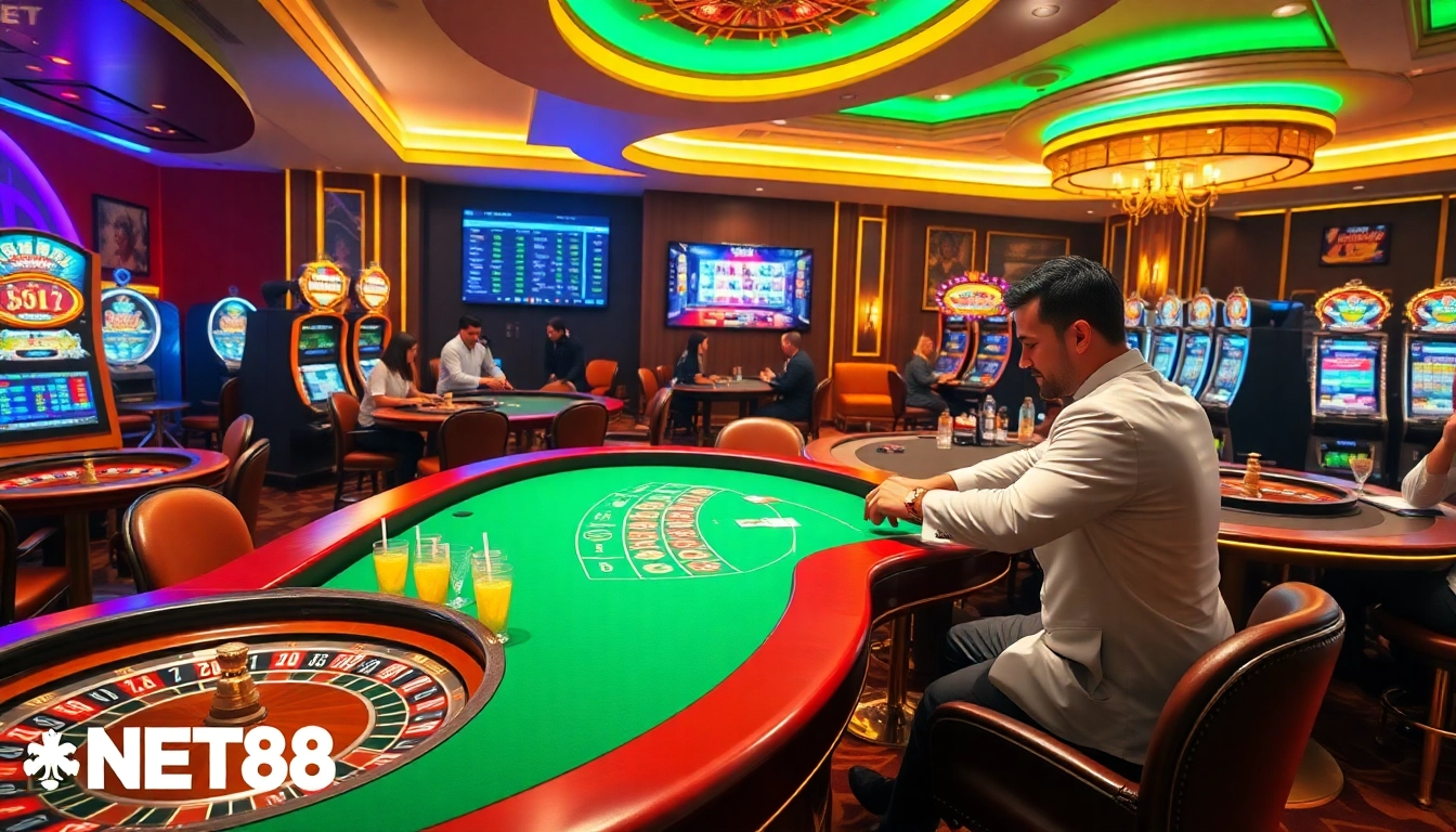 Engage in thrilling casino action with NET88, showcasing vibrant roulette tables and excited gamblers.