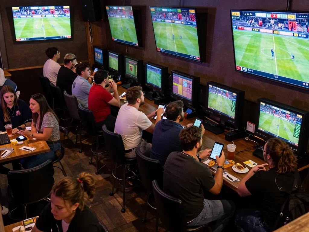 Excited patrons at f8betlv analyze sports betting odds while enjoying vibrant atmosphere.