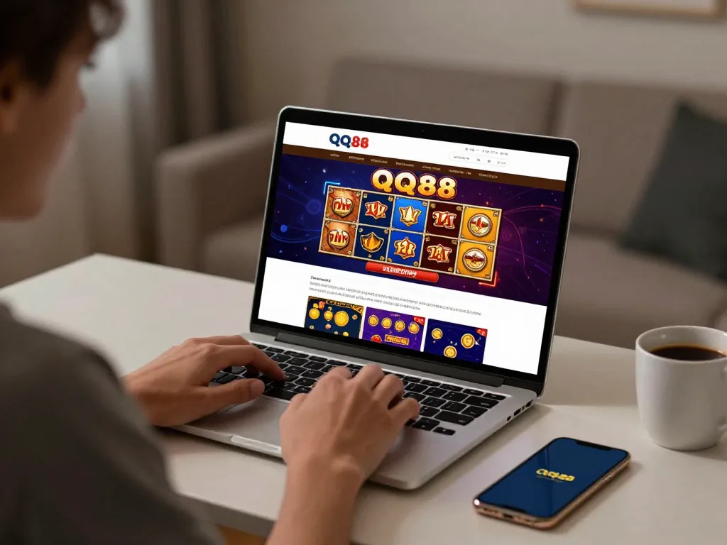 Gamer engaging with qq88 online casino on a laptop, showcasing strategy and excitement.