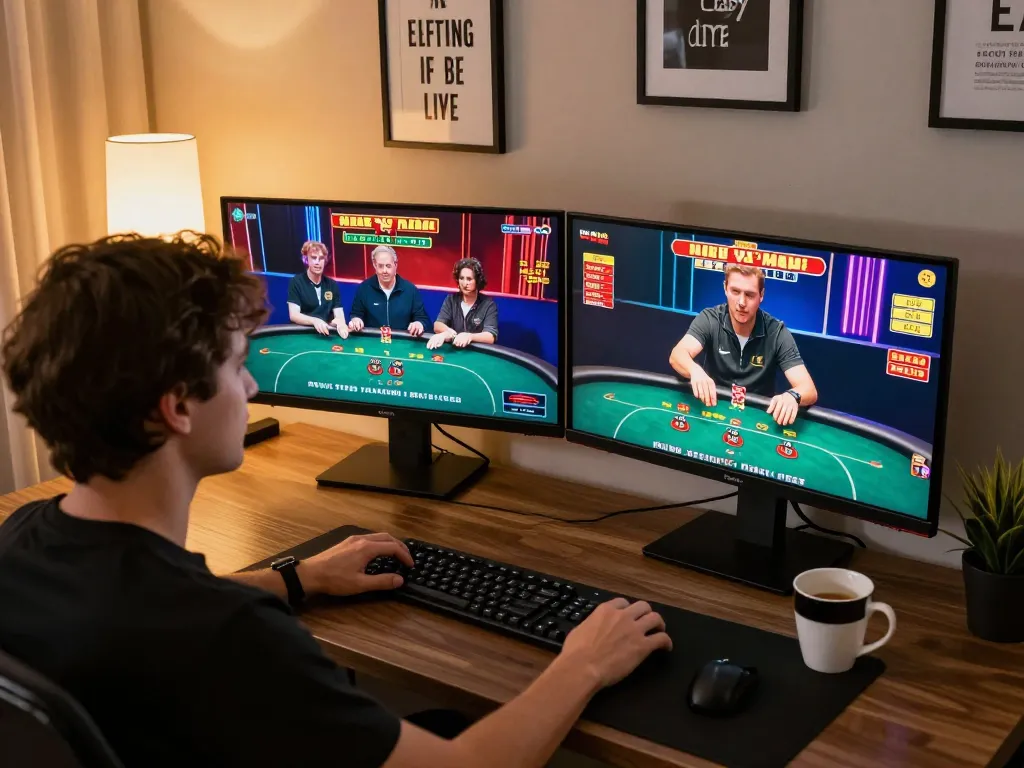 Engaging gameplay experience at MM88 online casino with a player interacting with live dealer on screens