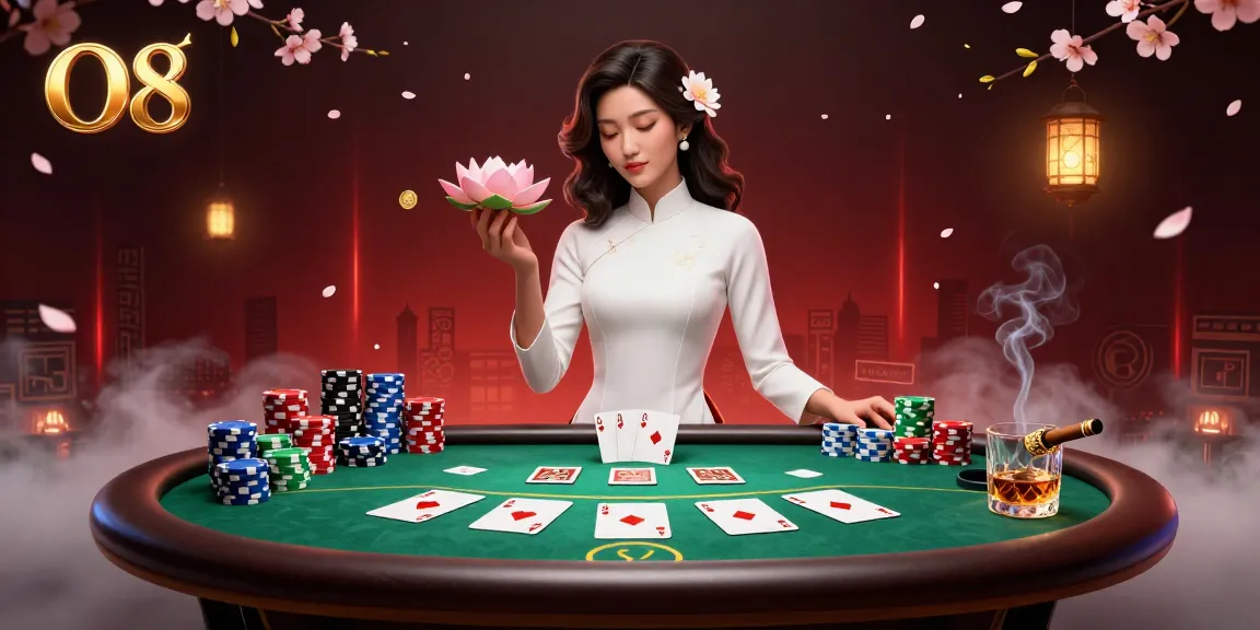 Experience O8's vibrant gaming world with a serene Asian woman elegantly playing at a poker table.