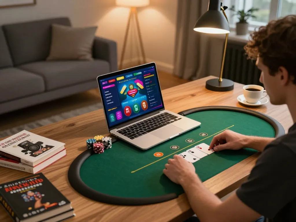 Player strategizing betting options on xo888 poker game on their laptop at home