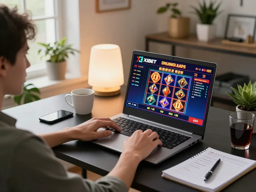 XIBET online casino gameplay on a laptop in a cozy home setting, enhancing strategic betting experience