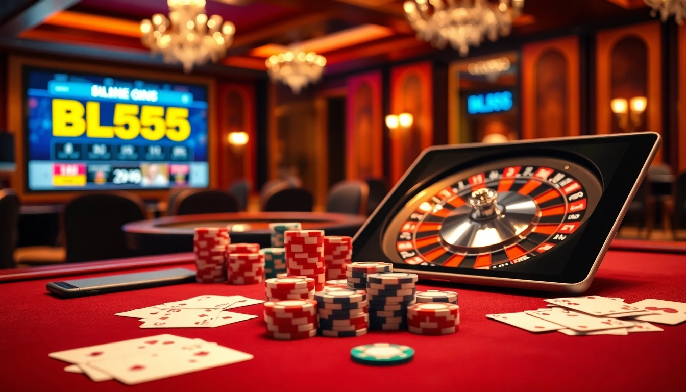 Experience high-stakes action with BL555 at a vibrant casino table, featuring poker chips and roulette.