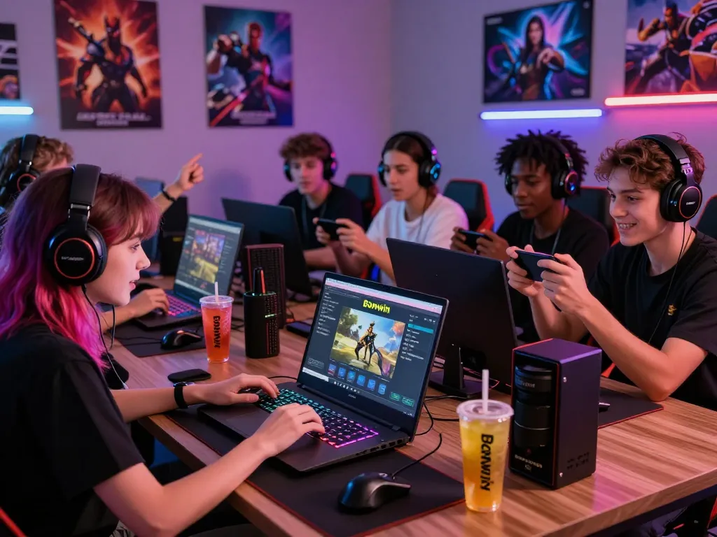 Group of gamers enjoying the Bomwin gaming platform in a vibrant setting