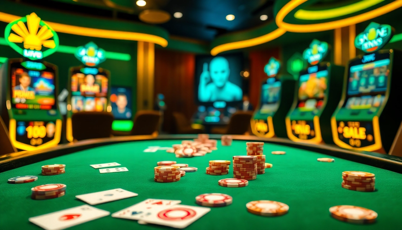 Experience luongson live gaming with vibrant casino elements, including poker chips and screens.