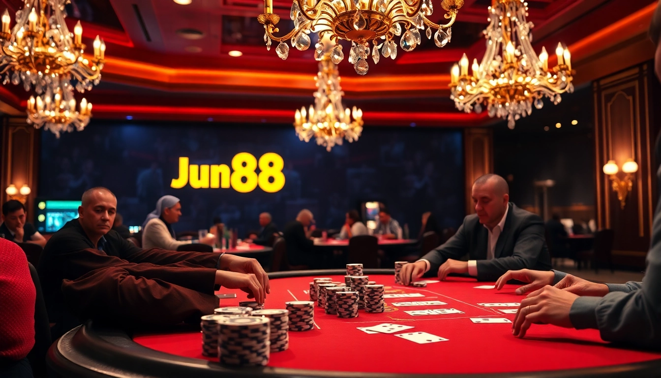 Experience an exciting poker game at Jun88 casino with vibrant chips and cards in play.