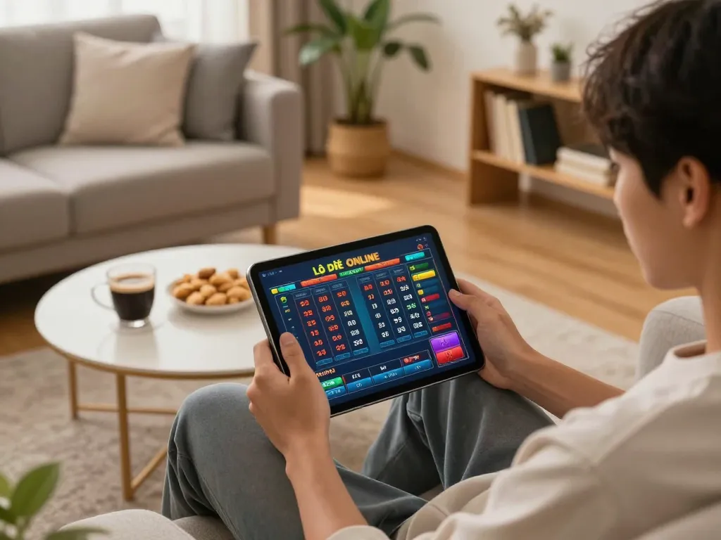 Lô Đề Online gameplay in a cozy home setup, highlighting strategic betting with a tablet.