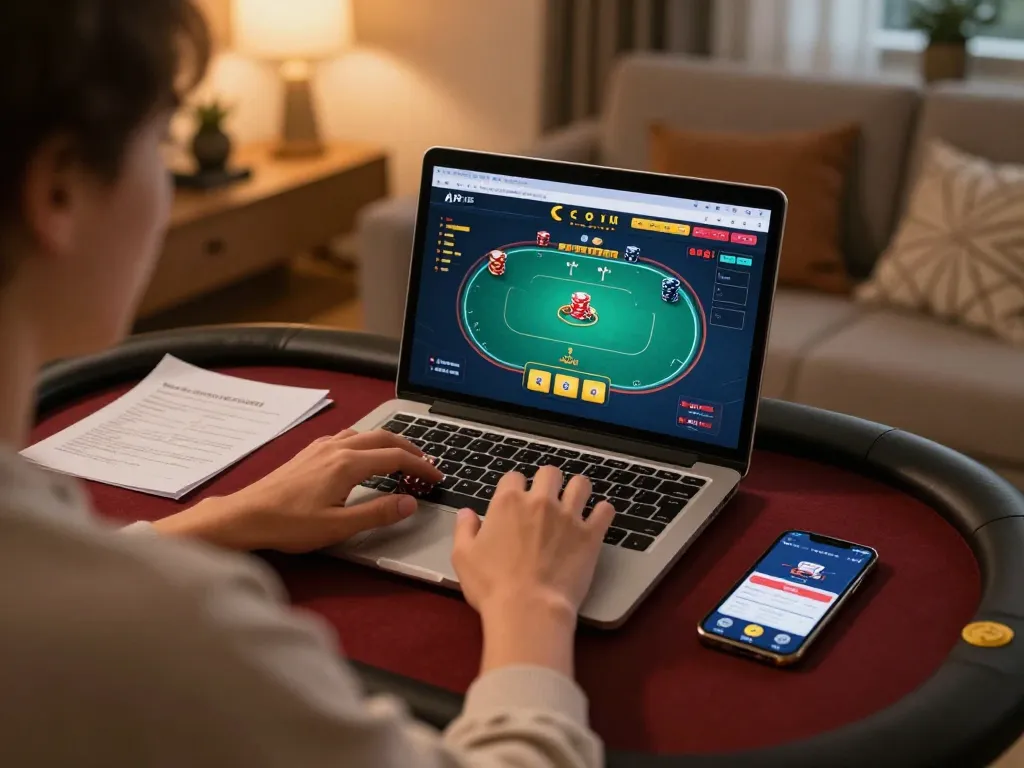Player enjoying an online poker game on laptop, tracking strategies with da88 notes nearby.