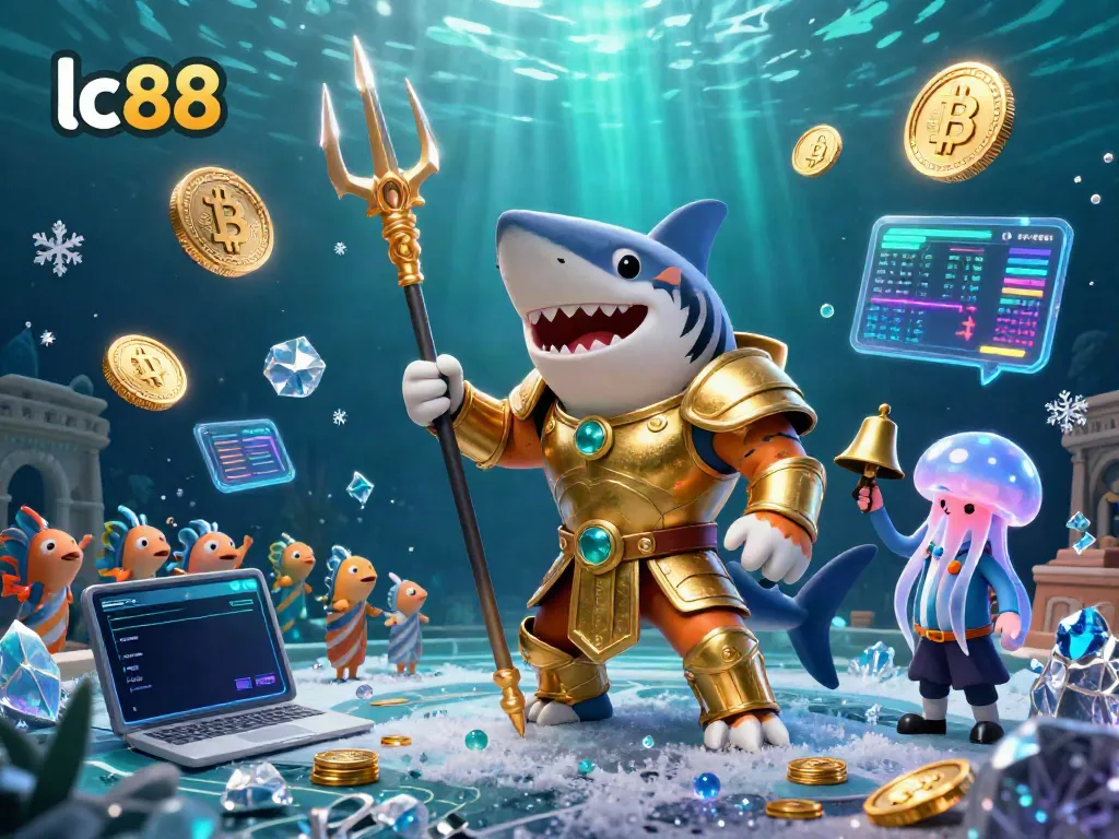 Engage with lc88's thrilling underwater casino adventure, featuring a tiger shark in gladiator armor.