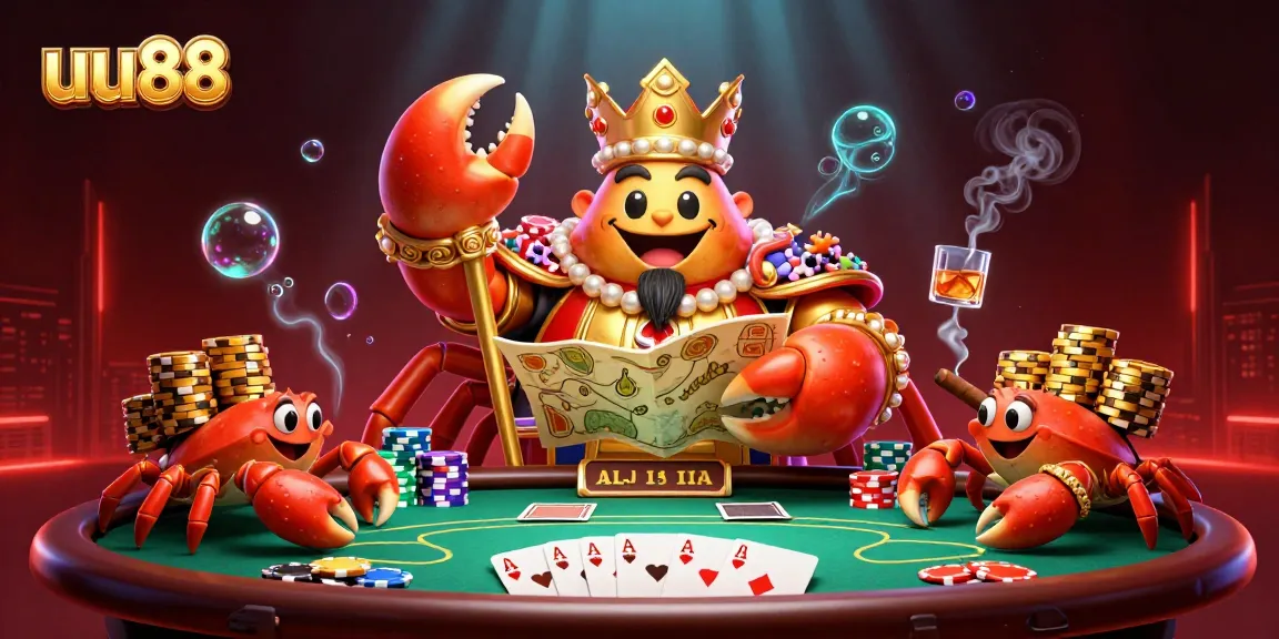 Experience thrilling gameplay at uu88 with a golden crab emperor and poker elements in a vibrant 3D scene.