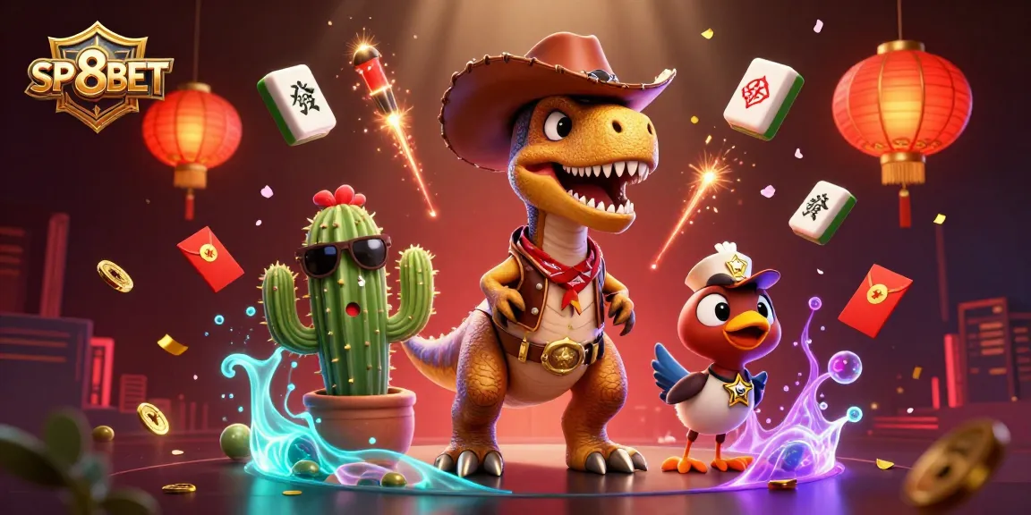 Experience SP8BET's thrilling casino atmosphere with a cartoon dinosaur, cactus, and roadrunner amidst vibrant game elements.