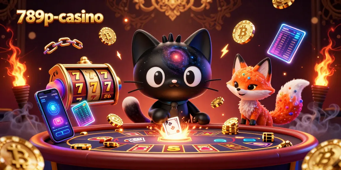 Play at 789p-casino, where a cosmic cat draws in chips and cards amid vibrant gaming elements.