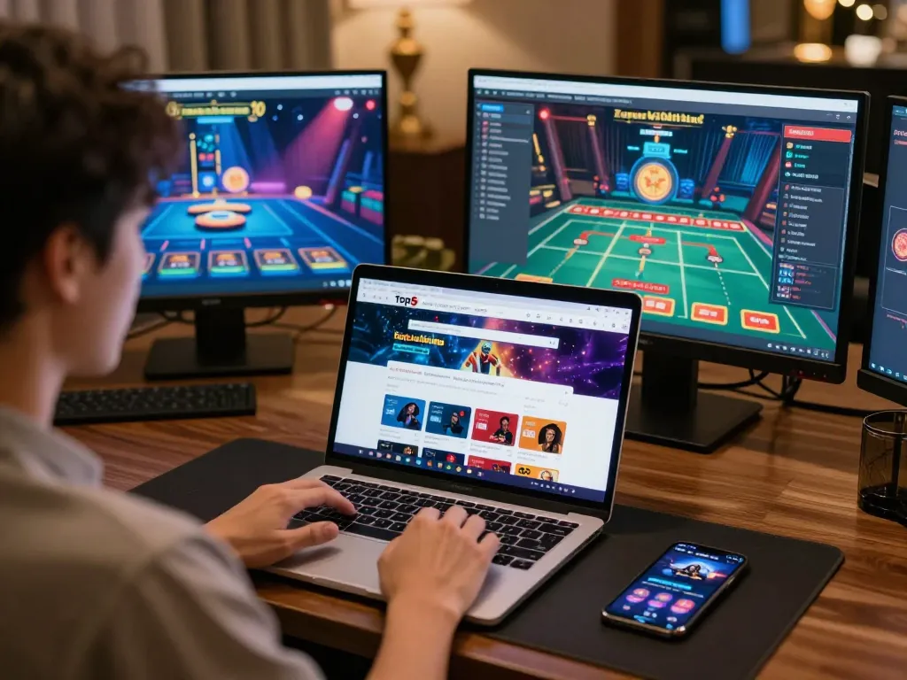 Engaging online gaming scene at a stylish desk showing top5gamebaidoithuong with betting strategies.
