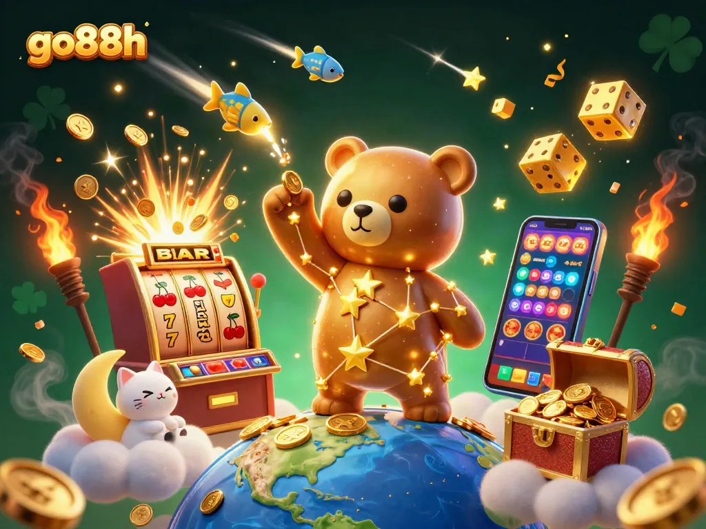 Experience the thrill of go88h with a constellation bear collecting coins in a vibrant casino scene.