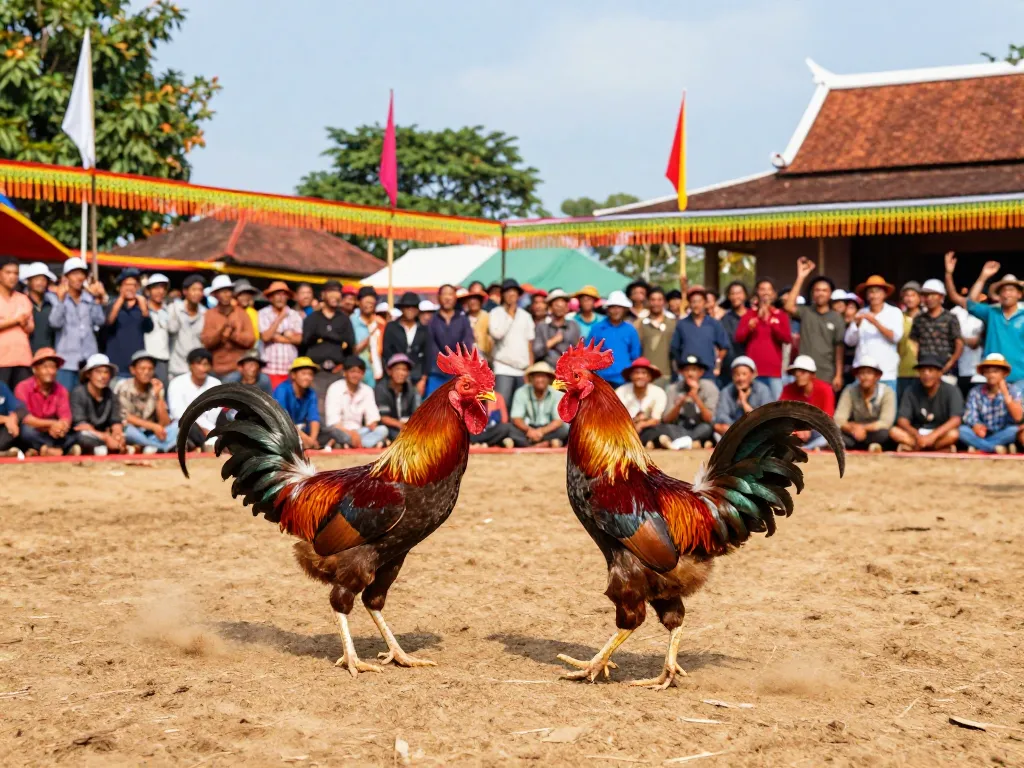Witness the thrilling Đá gà Thomo live as dedicated fans cheer for their roosters in a vibrant cockfighting arena.