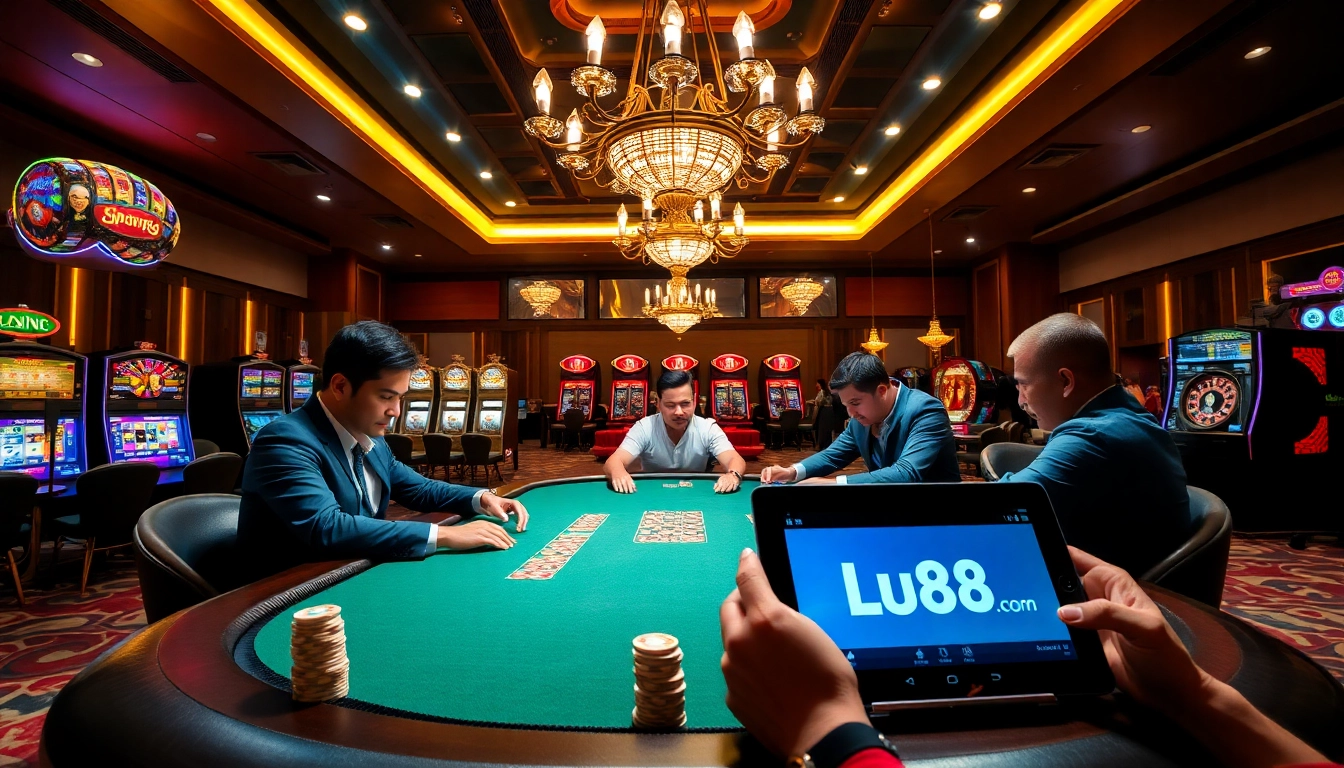 Experience an exciting gaming session at lu88.com, with poker enthusiasts and vibrant slot machines.