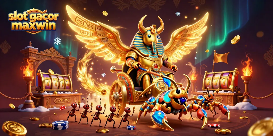 Experience the thrill of slot gacor maxwin with a dynamic chariot scene featuring golden beetles and scorpion warriors.