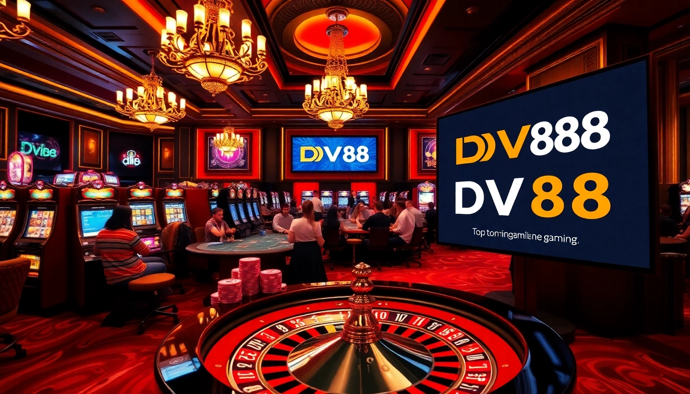 Engaged players experiencing DV88's thrilling casino environment with vibrant tables and games.