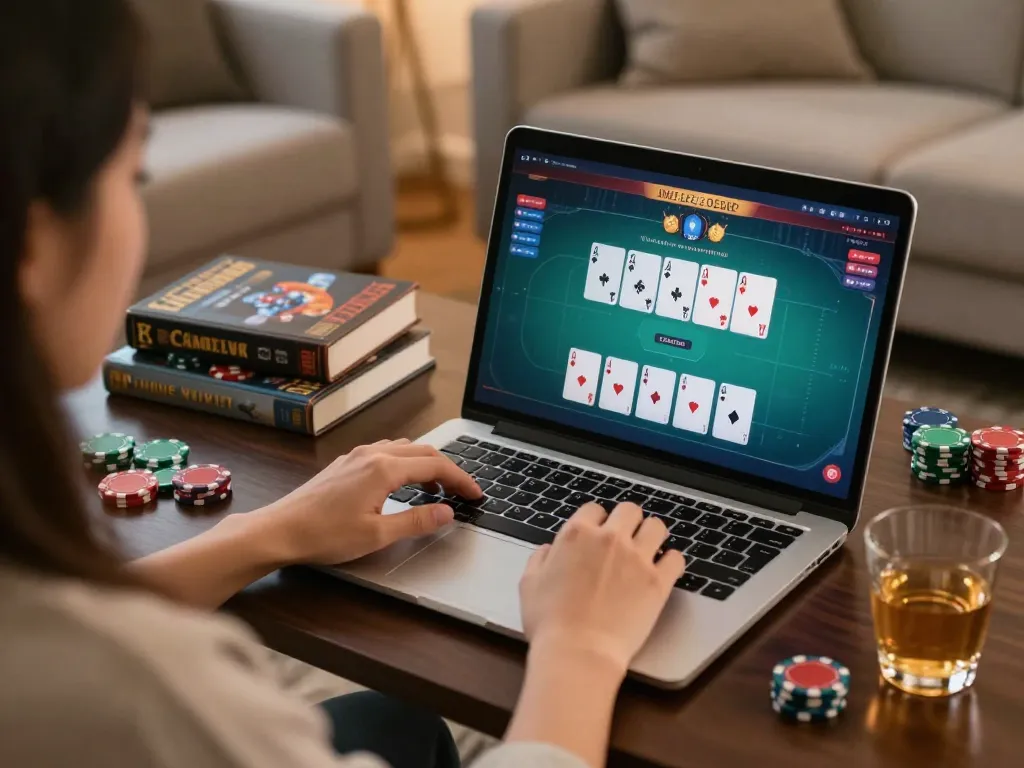 Engaging gaming session at home with uu88 online poker setup featuring player strategy notes and vibrant screen display.