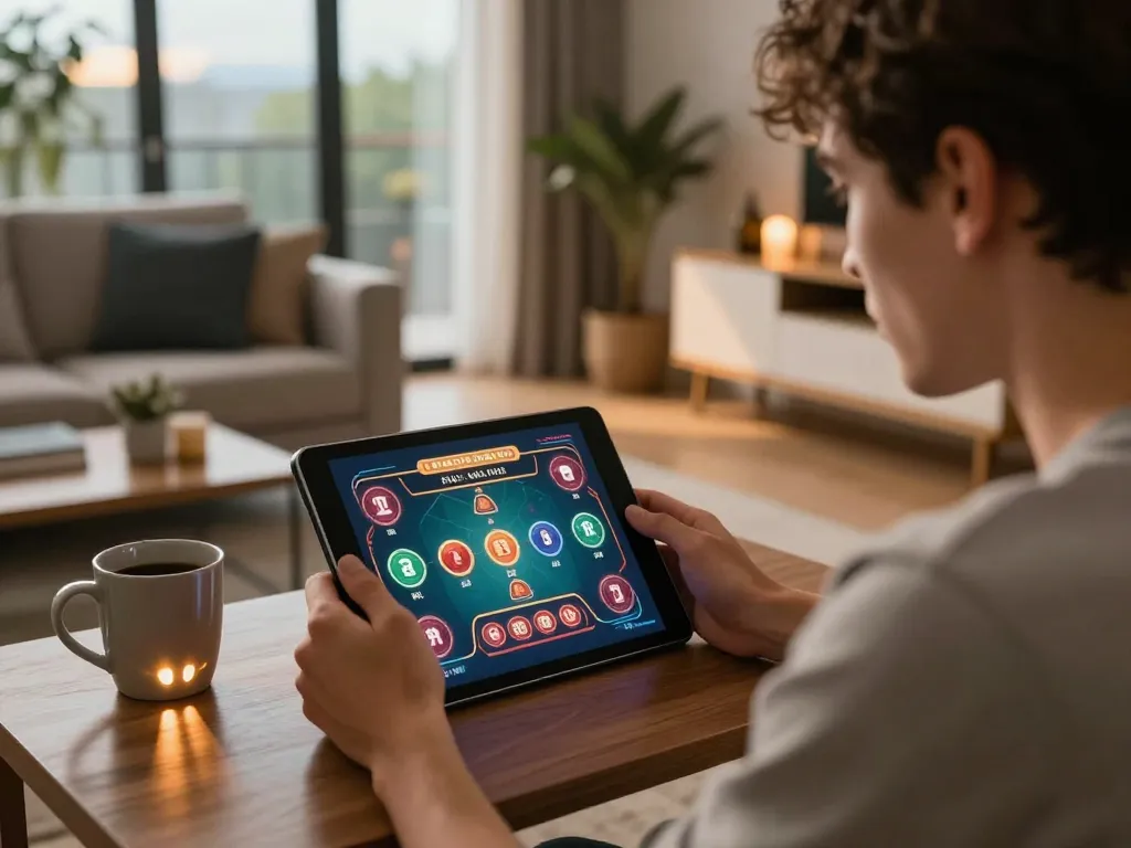 Cucu777 player enjoying online gaming session at home, engaging with tablet interface.
