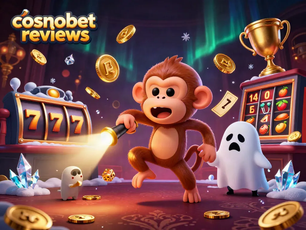 Engage with cosmobet reviews showcasing an animated scene with a playful poltergeist monkey juggling casino treasures.
