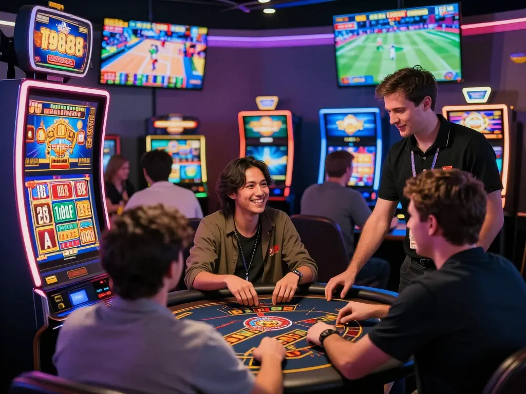 Diverse players enjoying an exciting gaming experience at TG88's online casino, showcasing a lively atmosphere and engaging activities.