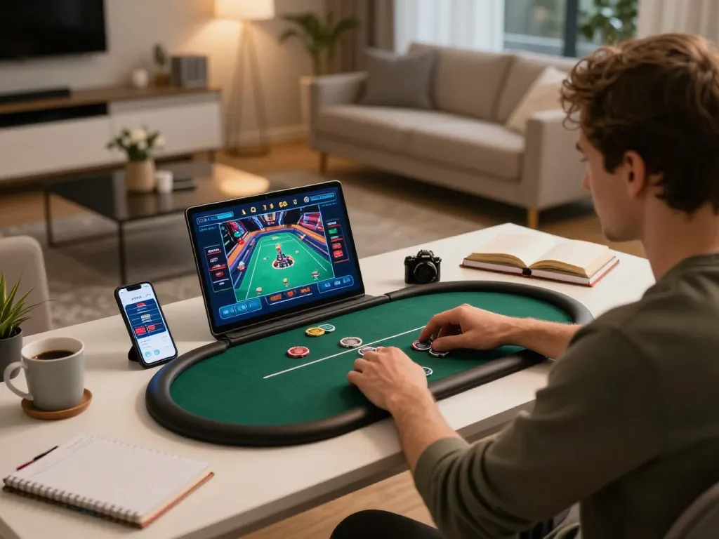 Engaging moment of online gaming at home with nhà cái jun88 on laptop, showcasing strategic poker gameplay.