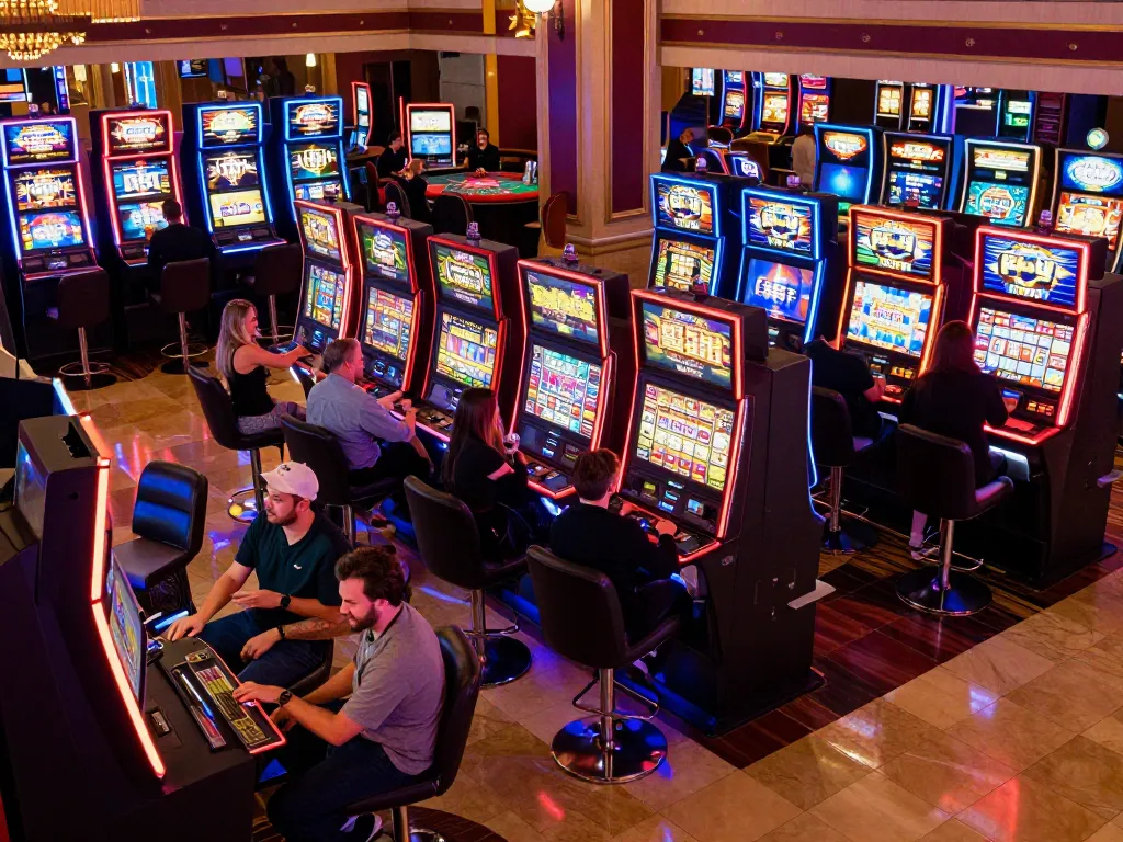 Players enjoy vibrant slot machines at lucky88a casino, showcasing excitement and engagement.