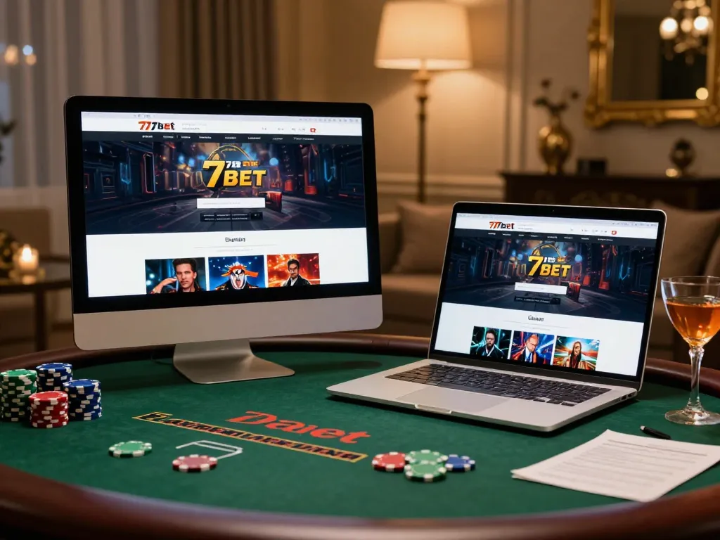 Engaging online session at 77bet casino with a sleek desktop interface and poker chips