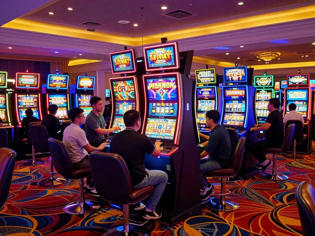 Players engaging with lucky88 slot machines in a vibrant casino atmosphere, showcasing excitement and wins.