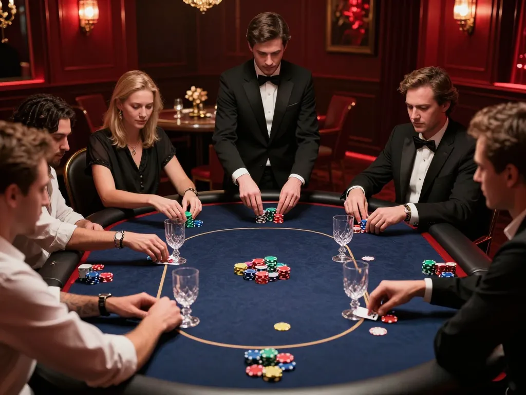 Engaging strategic poker gameplay at sunwin's exclusive VIP table with players and dealer.