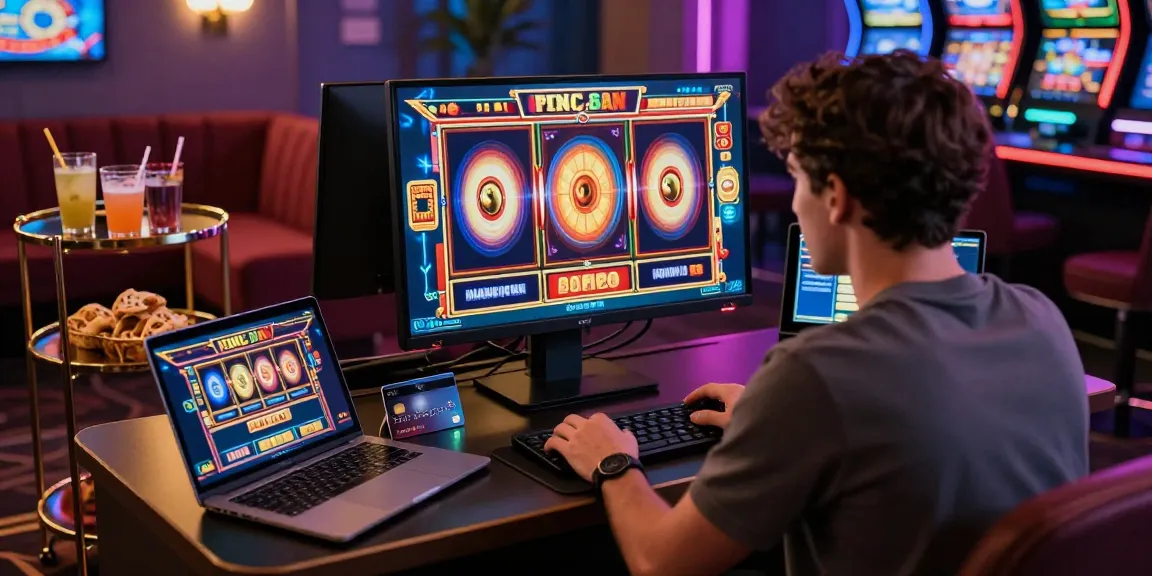 Player enjoying interactive slot games at credit card casinos on https://dea.org.uk, showcasing modern gaming setup and vibrant graphics.