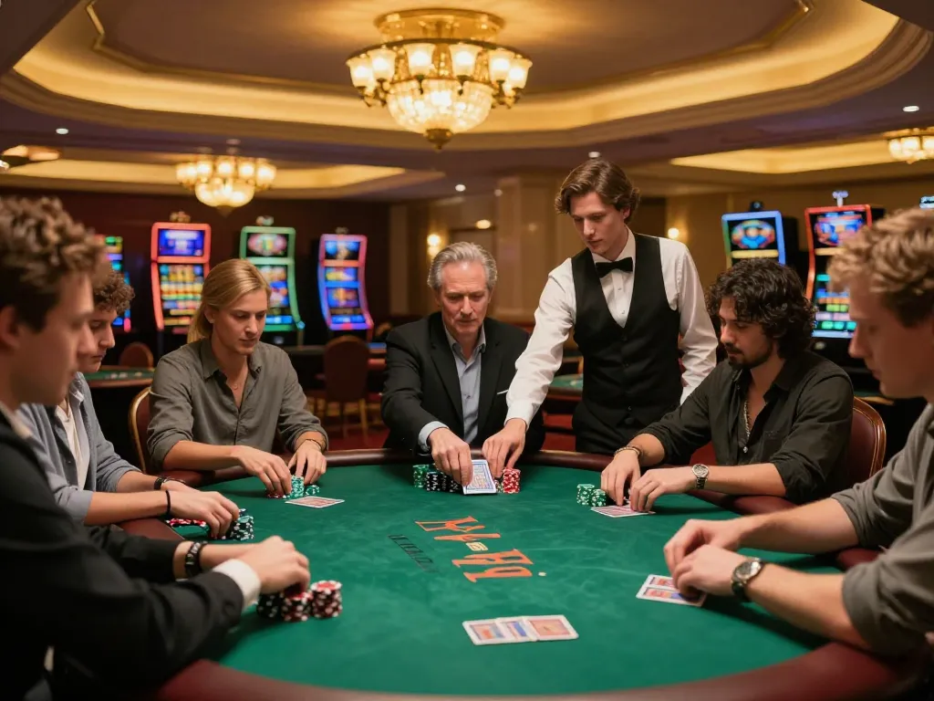 S88 poker game in an upscale casino with players engaged and dealer distributing cards, luxurious setting.