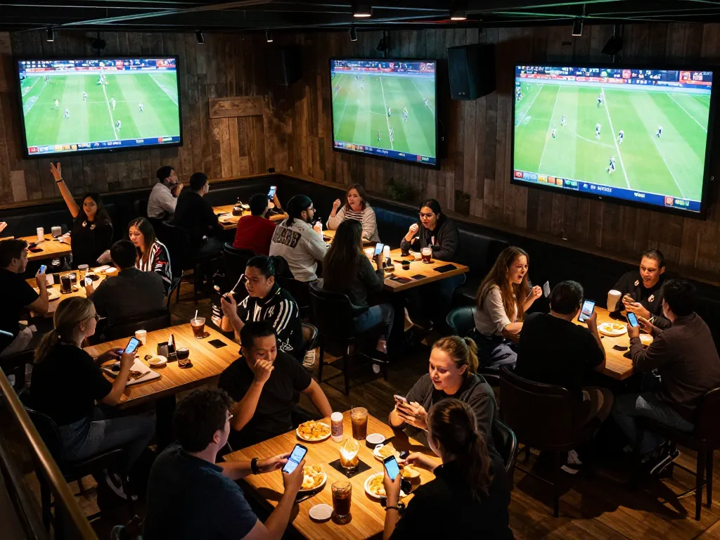 Tỷ Lệ Kèo Nhà Cái displayed on multiple screens in a lively sports bar atmosphere