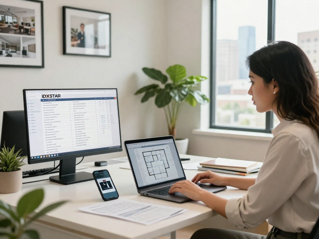 Real estate agent reviewing IDXSTAR listings in a bright office environment